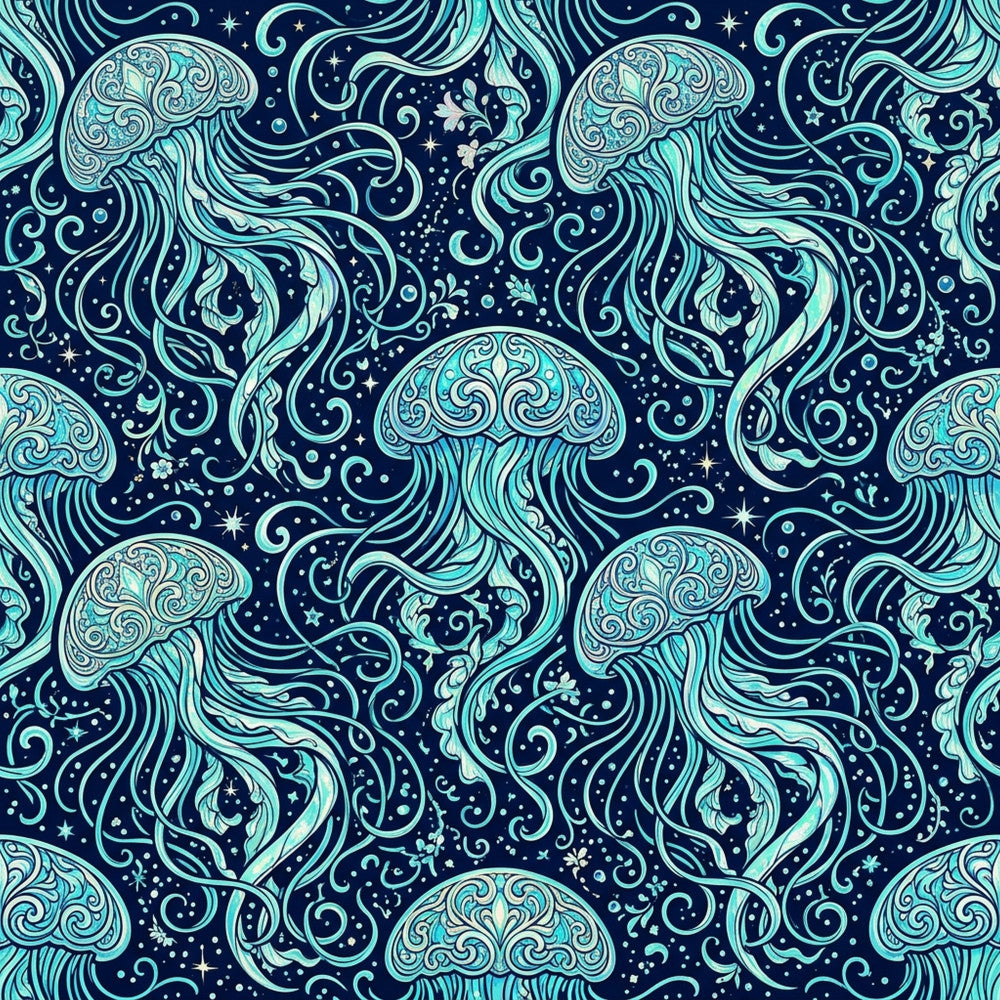 navy blue, turquoise, cyan, light blue, seafoam, cosmic, celestial, jellyfish, ocean, nautical, whimsical, ethereal, flowing, swirling, ornate, decorative, stars, starry, spirals, scrolls, baroque, elegant, magical, dreamy, underwater, bioluminescent, intricate, detailed, fantasy, enchanted