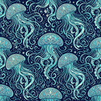 navy blue, turquoise, cyan, light blue, seafoam, cosmic, celestial, jellyfish, ocean, nautical, whimsical, ethereal, flowing, swirling, ornate, decorative, stars, starry, spirals, scrolls, baroque, elegant, magical, dreamy, underwater, bioluminescent, intricate, detailed, fantasy, enchanted