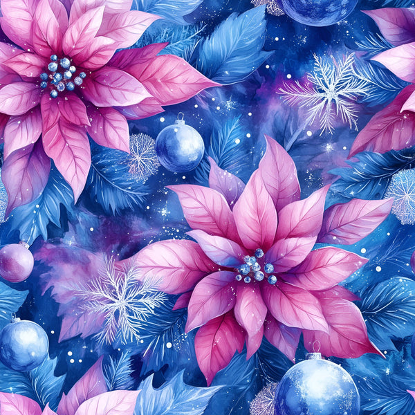 hot pink poinsettia, deep blue, navy blue, icy blue, silver blue, pearl white, magenta, fuchsia, floral, snowflakes, christmas ornaments, holiday, winter, celestial, festive, elegant, whimsical, poinsettias, evergreen branches, frost, sparkle, luxe, magical, yuletide, seasonal, decorative baubles, winter florals, jewel tones