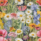 watercolor wildflowers, botanical illustration, daisies, poppies, forget-me-nots, coral pink, lavender blue, sunny yellow, white petals, orange blooms,, fabric panel, meadow flowers, spring garden, delicate brushstrokes, nature pattern, floral motifs, soft pastels, blooming wildflowers, artistic florals