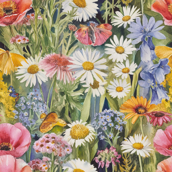 watercolor wildflowers, botanical illustration, daisies, poppies, forget-me-nots, coral pink, lavender blue, sunny yellow, white petals, orange blooms,, fabric panel, meadow flowers, spring garden, delicate brushstrokes, nature pattern, floral motifs, soft pastels, blooming wildflowers, artistic florals