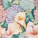 pastel colors, calla lilies, hydrangeas, floral pattern, botanical design, peach blooms, lavender flowers, mint green, coral pink, cream petals, yellow stamens, tropical leaves,, fabric panel, watercolor style, spring flowers, garden blooms, soft pastels, nature motifs, floral arrangement