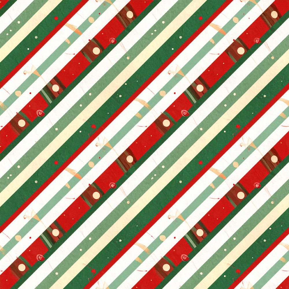 christmas, holiday, diagonal stripe, striped pattern, red, forest green, cream, white, tan, brown, geometric, festive, vintage christmas, retro holiday, rustic, traditional, whimsical, mid-century modern, candy cane inspired, decorative dots, scattered elements, winter theme, seasonal, nursery, kids room, playroom, gift fabric, cheerful, nostalgic holiday