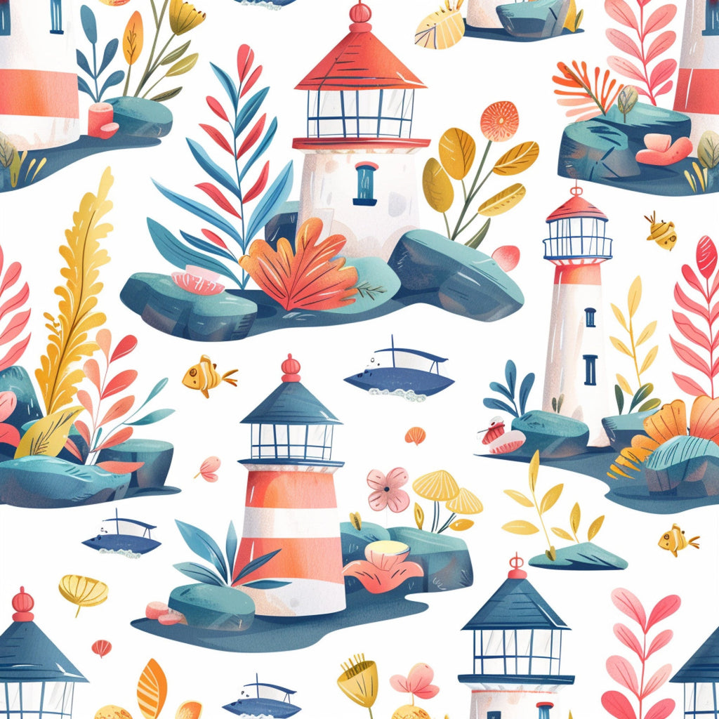 coral pink, teal blue, yellow ochre, lighthouse pattern, coastal scene, nautical theme, seashells, small boats, flowering plants, tropical foliage, rock formations, watercolor style, whimsical illustration, spring motifs,, fabric panel, seaside elements, maritime design, soft pastels, repeating pattern