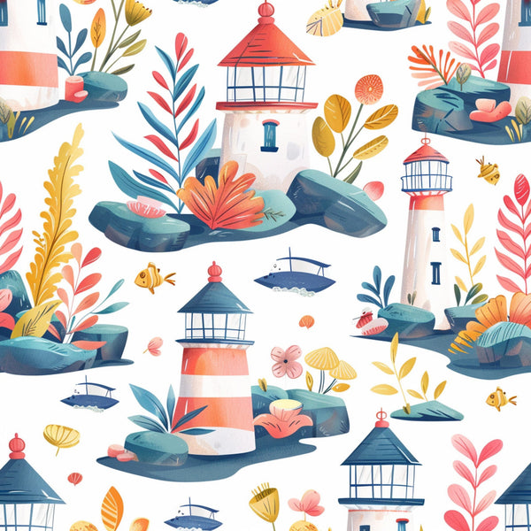 coral pink, teal blue, yellow ochre, lighthouse pattern, coastal scene, nautical theme, seashells, small boats, flowering plants, tropical foliage, rock formations, watercolor style, whimsical illustration, spring motifs,, fabric panel, seaside elements, maritime design, soft pastels, repeating pattern