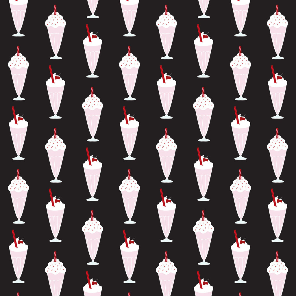 black background, red accents, pink milkshakes, white whipped cream, cherry garnish, red straws, ice cream sundaes, 1950s style, retro diner, soda fountain, repeating pattern, vintage desserts,, fabric panel, nostalgic design, mid-century modern, strawberry shake, dessert motif, diner aesthetic