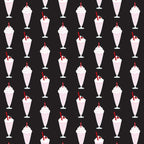 black background, red accents, pink milkshakes, white whipped cream, cherry garnish, red straws, ice cream sundaes, 1950s style, retro diner, soda fountain, repeating pattern, vintage desserts,, fabric panel, nostalgic design, mid-century modern, strawberry shake, dessert motif, diner aesthetic
