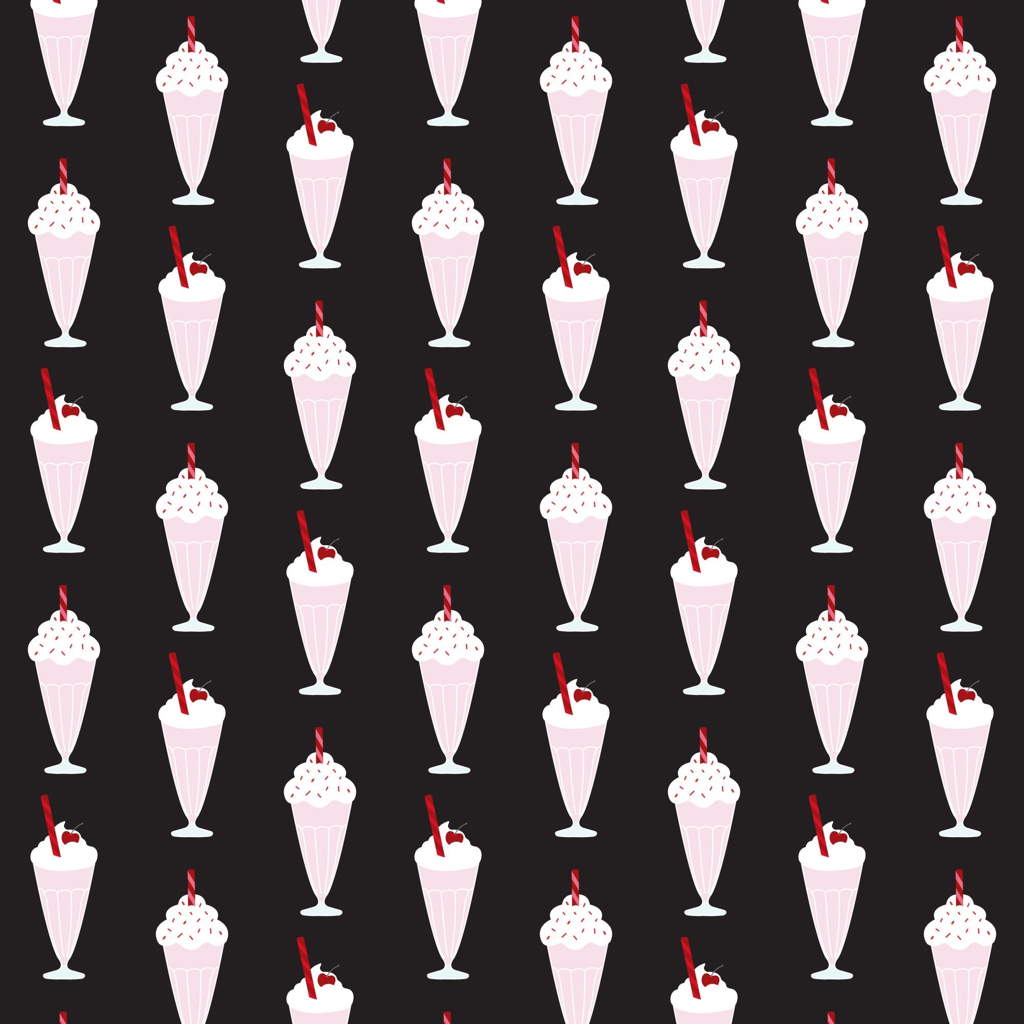 black background, red accents, pink milkshakes, white whipped cream, cherry garnish, red straws, ice cream sundaes, 1950s style, retro diner, soda fountain, repeating pattern, vintage desserts,, fabric panel, nostalgic design, mid-century modern, strawberry shake, dessert motif, diner aesthetic