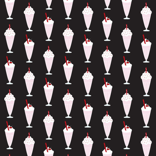 black background, red accents, pink milkshakes, white whipped cream, cherry garnish, red straws, ice cream sundaes, 1950s style, retro diner, soda fountain, repeating pattern, vintage desserts,, fabric panel, nostalgic design, mid-century modern, strawberry shake, dessert motif, diner aesthetic