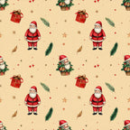 cream background, red, forest green, tan, gold, santa claus, christmas, holiday, gifts, presents, evergreen branches, pine needles, stars, festive, whimsical, traditional, vintage, children, kids, nursery, playroom, baby shower, winter, decorative, seasonal, cute characters, basket arrangement, ribbon bow, ornaments