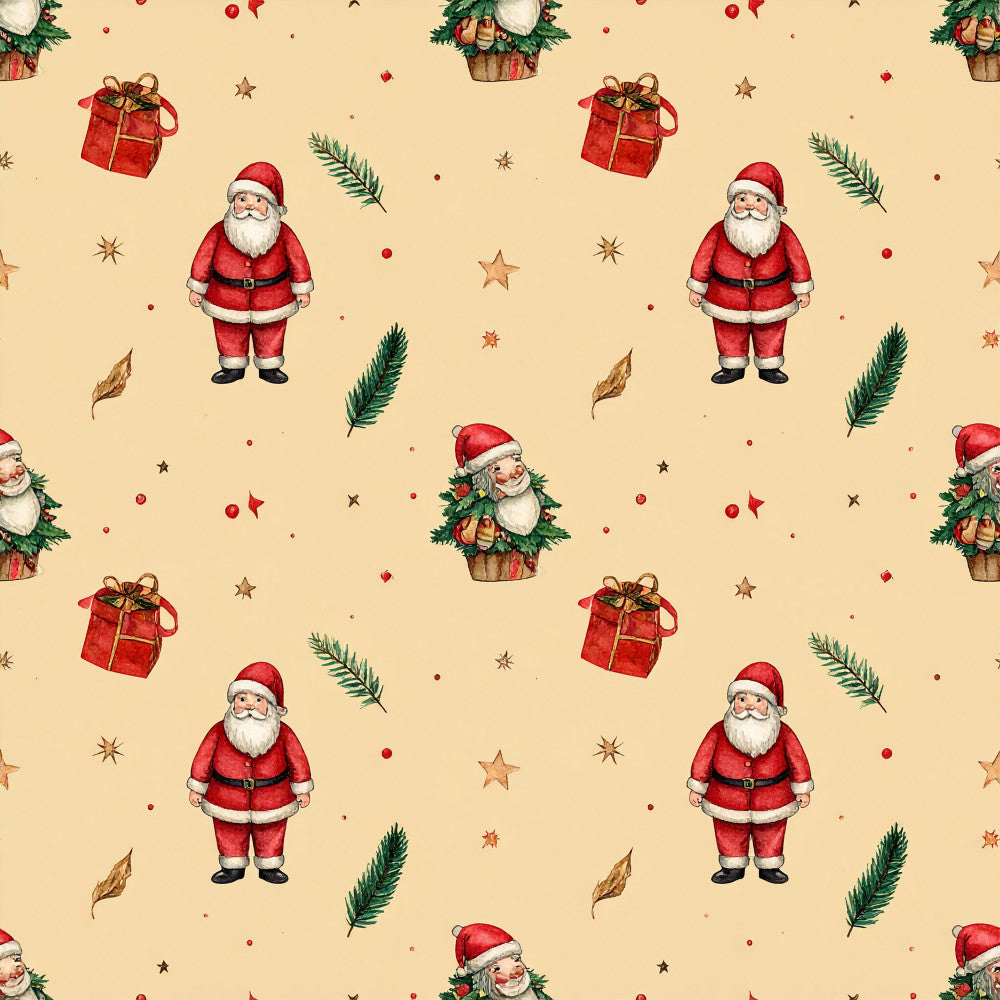 cream background, red, forest green, tan, gold, santa claus, christmas, holiday, gifts, presents, evergreen branches, pine needles, stars, festive, whimsical, traditional, vintage, children, kids, nursery, playroom, baby shower, winter, decorative, seasonal, cute characters, basket arrangement, ribbon bow, ornaments