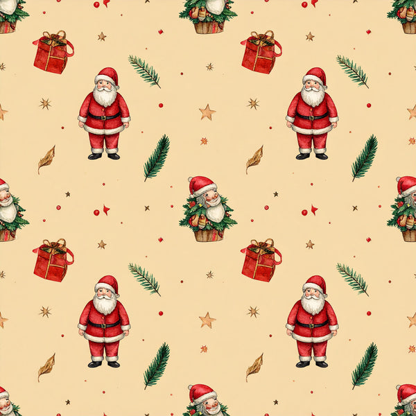 cream background, red, forest green, tan, gold, santa claus, christmas, holiday, gifts, presents, evergreen branches, pine needles, stars, festive, whimsical, traditional, vintage, children, kids, nursery, playroom, baby shower, winter, decorative, seasonal, cute characters, basket arrangement, ribbon bow, ornaments