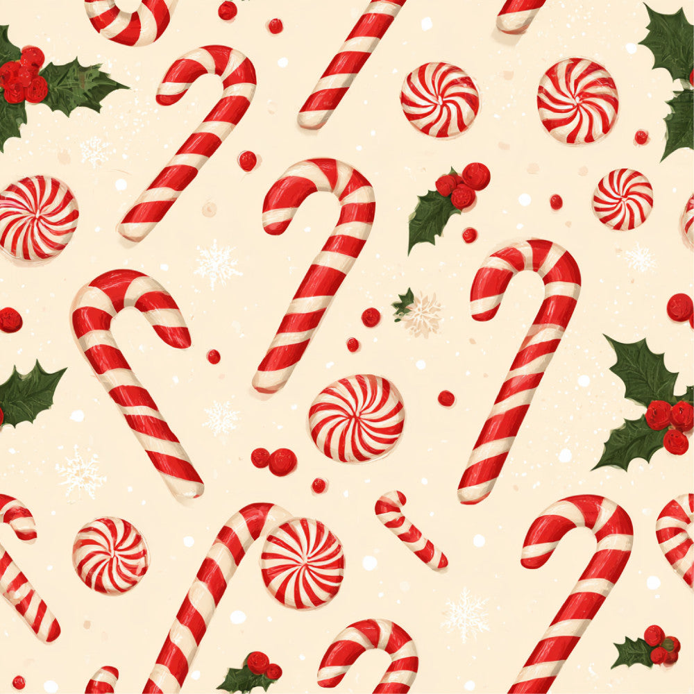 candy cane, peppermint, red and white, cream, holly, christmas, holiday, festive, winter, swirl, striped, lollipop, candy, whimsical, playful, traditional, nostalgic, vintage, kids, children, nursery, playroom, seasonal, sweet treats, confection, joy, cheerful, retro candy, classic christmas
