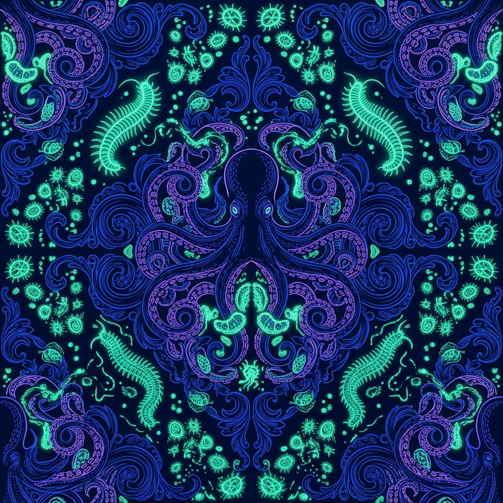 neon green, electric blue, deep navy, purple blue, cyan, glowing, microorganism, bacteria, virus, scientific, abstract, ornate, baroque, decorative, swirls, scrollwork, symmetrical, psychedelic, glow in the dark, bioluminescent, modern, whimsical, celestial, educational, stem, microscopic, detailed, intricate, dark background, bold contrast