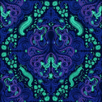 neon green, electric blue, deep navy, purple blue, cyan, glowing, microorganism, bacteria, virus, scientific, abstract, ornate, baroque, decorative, swirls, scrollwork, symmetrical, psychedelic, glow in the dark, bioluminescent, modern, whimsical, celestial, educational, stem, microscopic, detailed, intricate, dark background, bold contrast