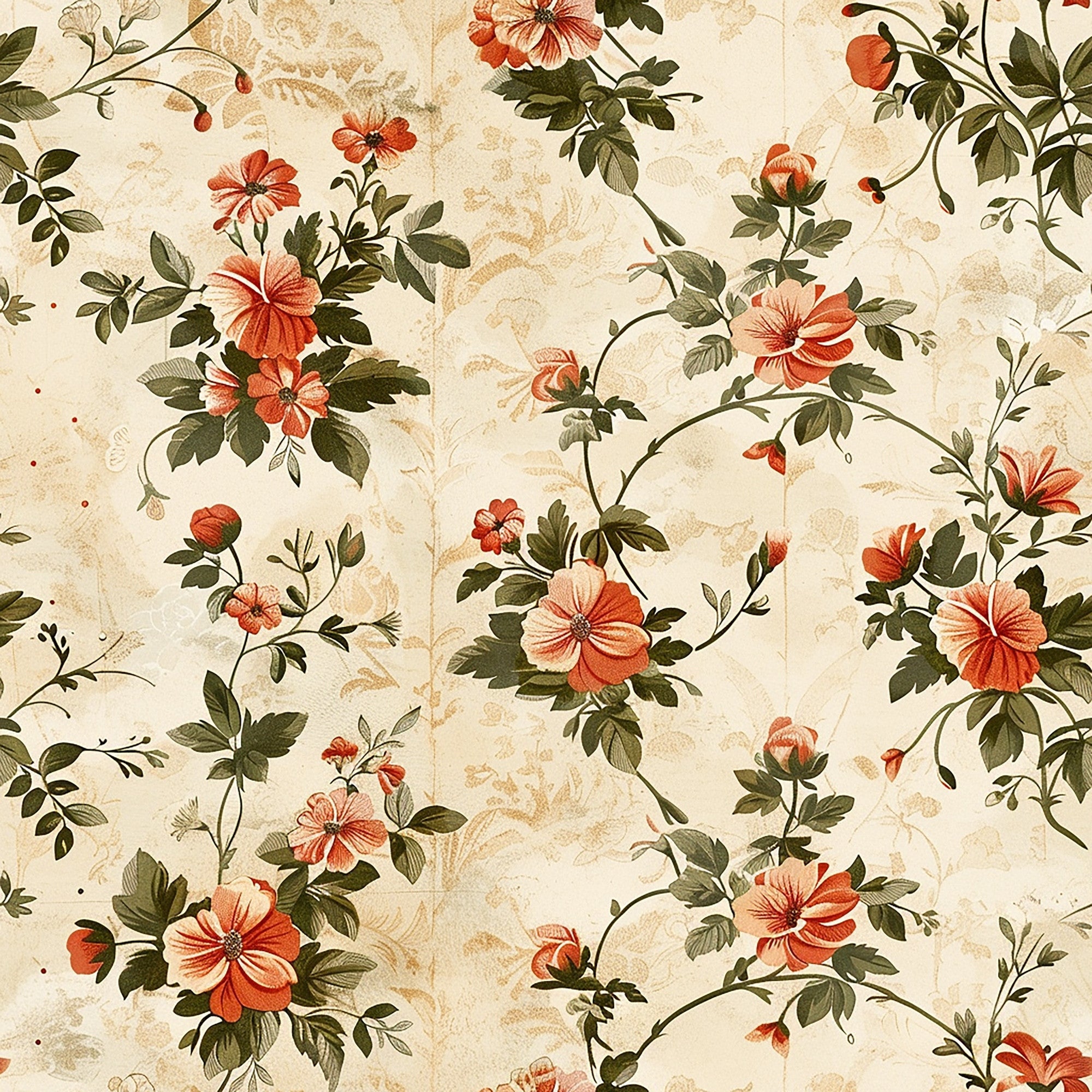 cream background, coral flowers, orange blooms, green leaves, vintage floral, botanical pattern, hibiscus flowers, trailing vines, cottagecore aesthetic,, fabric panel, romantic florals, peachy tones, olive green foliage, delicate branches, soft pastels, aged texture, flowing design, garden motifs, cotton fabric