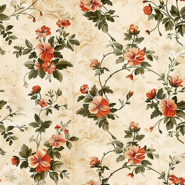 cream background, coral flowers, orange blooms, green leaves, vintage floral, botanical pattern, hibiscus flowers, trailing vines, cottagecore aesthetic,, fabric panel, romantic florals, peachy tones, olive green foliage, delicate branches, soft pastels, aged texture, flowing design, garden motifs, cotton fabric