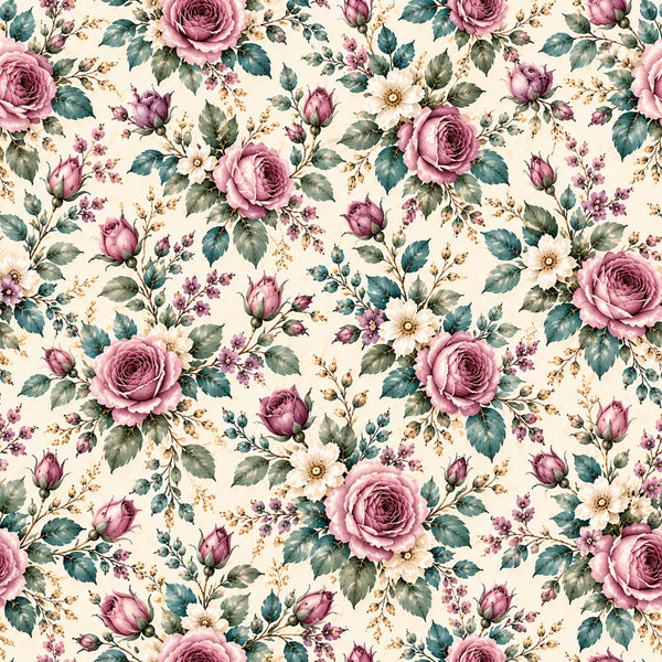 dusty rose, mauve, cream, ivory, sage green, teal, blush pink, vintage floral, roses, daisies, botanical, nature, traditional, elegant, romantic, cottage core, spring, summer, garden, wildflowers, leaves, buds, delicate, layered florals, victorian, classic, feminine, decorative accents