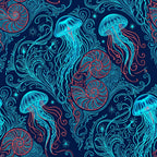 navy blue, cyan blue, neon blue, coral pink, hot pink, turquoise, electric blue, deep sea blue, glow in the dark, jellyfish, nautical, ocean, marine life, bioluminescent, neon glow, cosmic, celestial, whimsical, psychedelic, bohemian, artistic, ornate, decorative swirls, baroque, intricate patterns, modern, contemporary, playroom, kids room, teenager