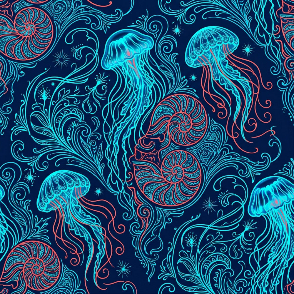 navy blue, cyan blue, neon blue, coral pink, hot pink, turquoise, electric blue, deep sea blue, glow in the dark, jellyfish, nautical, ocean, marine life, bioluminescent, neon glow, cosmic, celestial, whimsical, psychedelic, bohemian, artistic, ornate, decorative swirls, baroque, intricate patterns, modern, contemporary, playroom, kids room, teenager