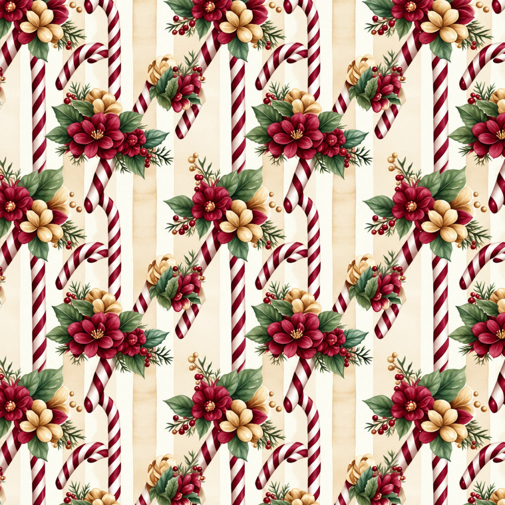burgundy red, cream, gold, green, candy cane striped, floral, holiday, christmas, vintage, elegant, traditional, festive, roses, peonies, berries, striped, botanical, winter, seasonal, red flowers, tan stripes, decorative, romantic, classic, christmas floral, holiday decoration, gift worthy, sophisticated