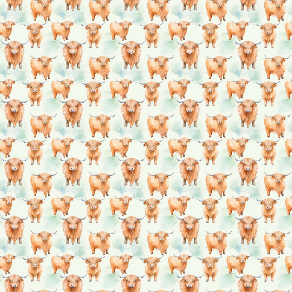 highland cows, orange cattle, horned cows, repeating pattern, watercolor style, soft green background,, fabric panel, pastoral animals, rustic farmhouse, scottish cattle, geometric arrangement, cute animals, peach colored cows, nature theme, country living, farm animals, whimsical illustration, textile design, craft fabric