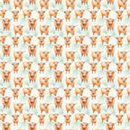 highland cows, orange cattle, horned cows, repeating pattern, watercolor style, soft green background,, fabric panel, pastoral animals, rustic farmhouse, scottish cattle, geometric arrangement, cute animals, peach colored cows, nature theme, country living, farm animals, whimsical illustration, textile design, craft fabric