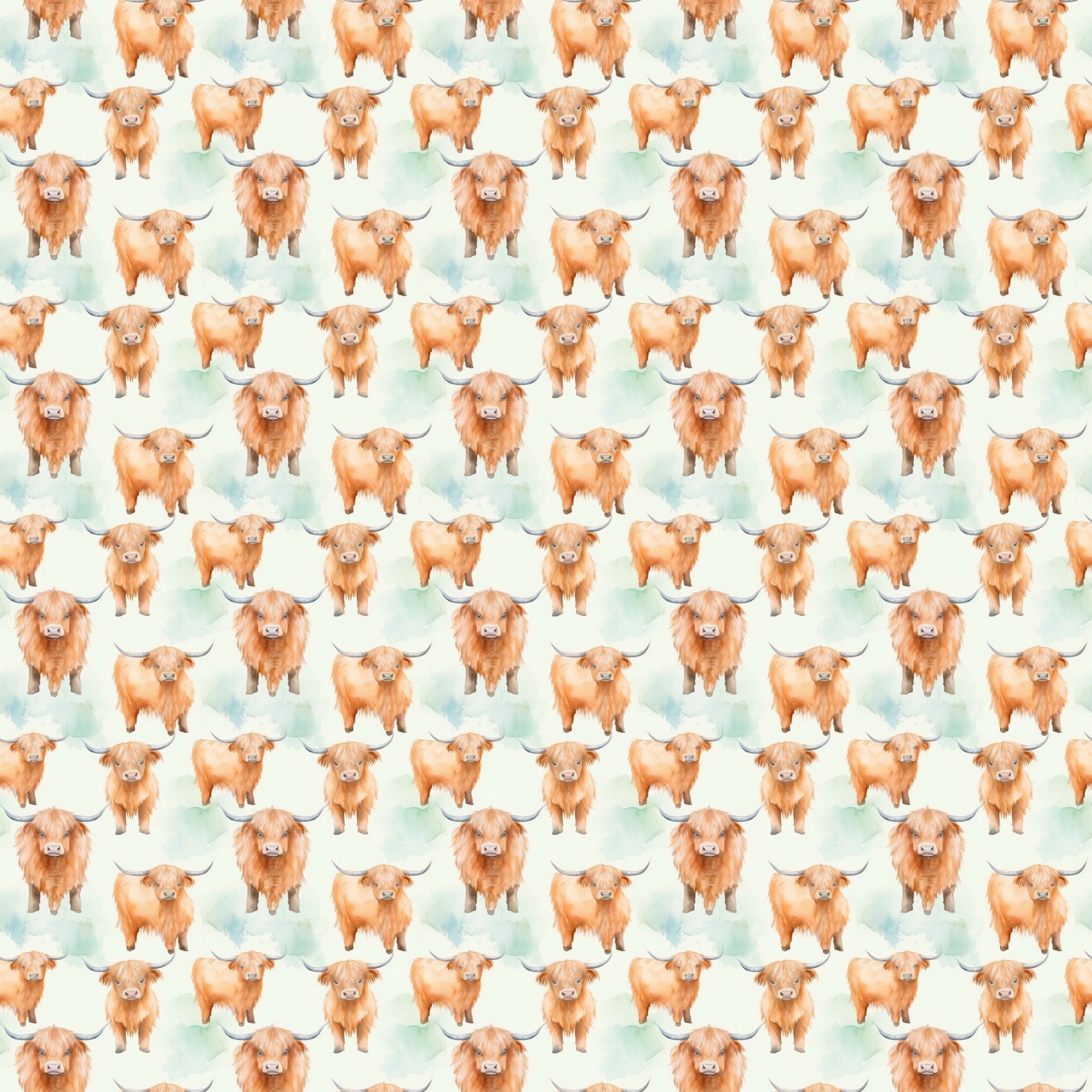 highland cows, orange cattle, horned cows, repeating pattern, watercolor style, soft green background,, fabric panel, pastoral animals, rustic farmhouse, scottish cattle, geometric arrangement, cute animals, peach colored cows, nature theme, country living, farm animals, whimsical illustration, textile design, craft fabric