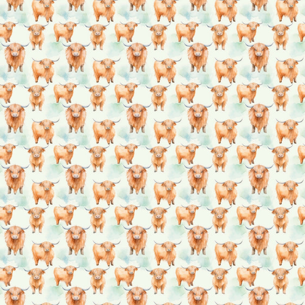 highland cows, orange cattle, horned cows, repeating pattern, watercolor style, soft green background,, fabric panel, pastoral animals, rustic farmhouse, scottish cattle, geometric arrangement, cute animals, peach colored cows, nature theme, country living, farm animals, whimsical illustration, textile design, craft fabric