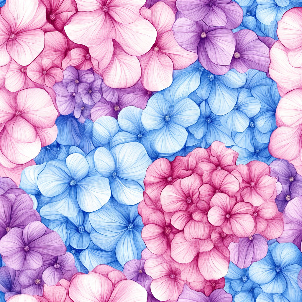 pink, blue, purple, lavender, magenta, hydrangeas, floral pattern, botanical design, watercolor style, five-petaled flowers, clustered blooms,, fabric panel, spring flowers, garden theme, pastel tones, delicate artwork, seamless pattern, nature motifs, crafting material