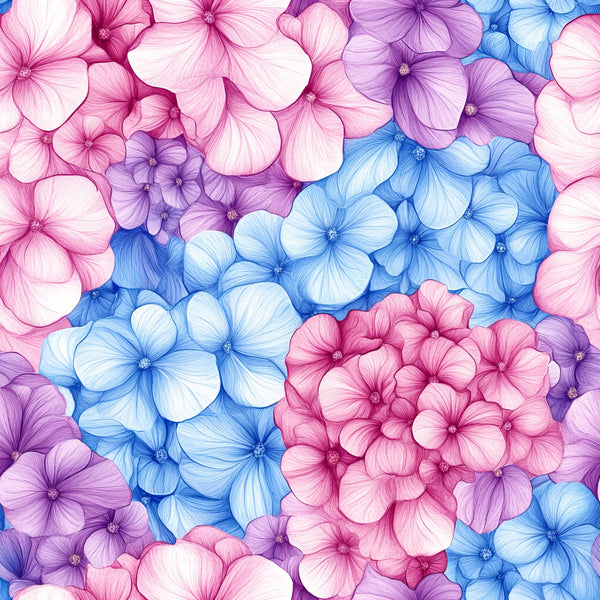 pink, blue, purple, lavender, magenta, hydrangeas, floral pattern, botanical design, watercolor style, five-petaled flowers, clustered blooms,, fabric panel, spring flowers, garden theme, pastel tones, delicate artwork, seamless pattern, nature motifs, crafting material