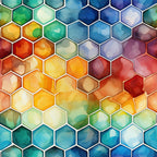 watercolor, honeycomb, hexagon pattern, geometric, blue, teal, turquoise, orange, yellow, green, red, purple, gradient colors, abstract design, painterly style,, fabric panel, modern art, flowing colors, artistic texture
