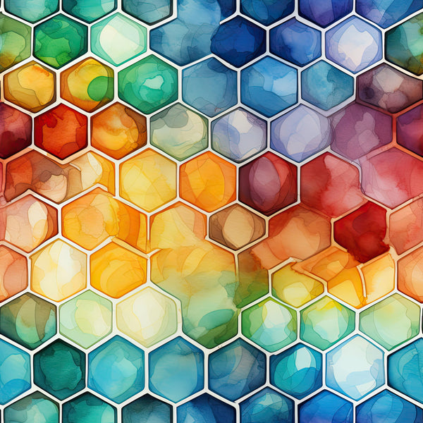 watercolor, honeycomb, hexagon pattern, geometric, blue, teal, turquoise, orange, yellow, green, red, purple, gradient colors, abstract design, painterly style,, fabric panel, modern art, flowing colors, artistic texture