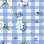 blue, white, gingham, blueberries, daisies, flowers, berries, green leaves, checkered pattern,, fabric panel, floral design, fruit motif, cottage style, cheerful, botanical, summer theme, nature inspired, crafting material, patchwork suitable