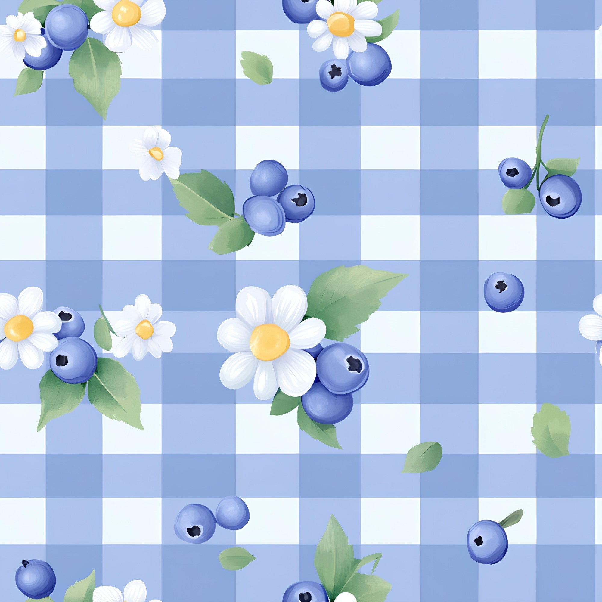 blue, white, gingham, blueberries, daisies, flowers, berries, green leaves, checkered pattern,, fabric panel, floral design, fruit motif, cottage style, cheerful, botanical, summer theme, nature inspired, crafting material, patchwork suitable