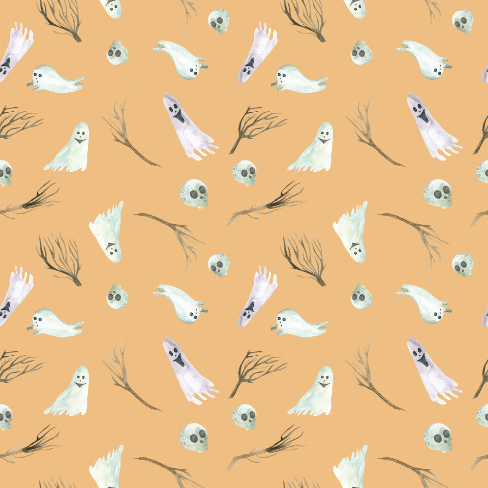peach, cream white, gray, halloween, ghosts, skulls, spooky, whimsical, playful, kids, children, nursery, playroom, creepy cute, bare branches, skeleton faces, floating ghosts, horror, witchy, autumn, fall, trick or treat, monster, festive, supernatural, eerie, charming, fun
