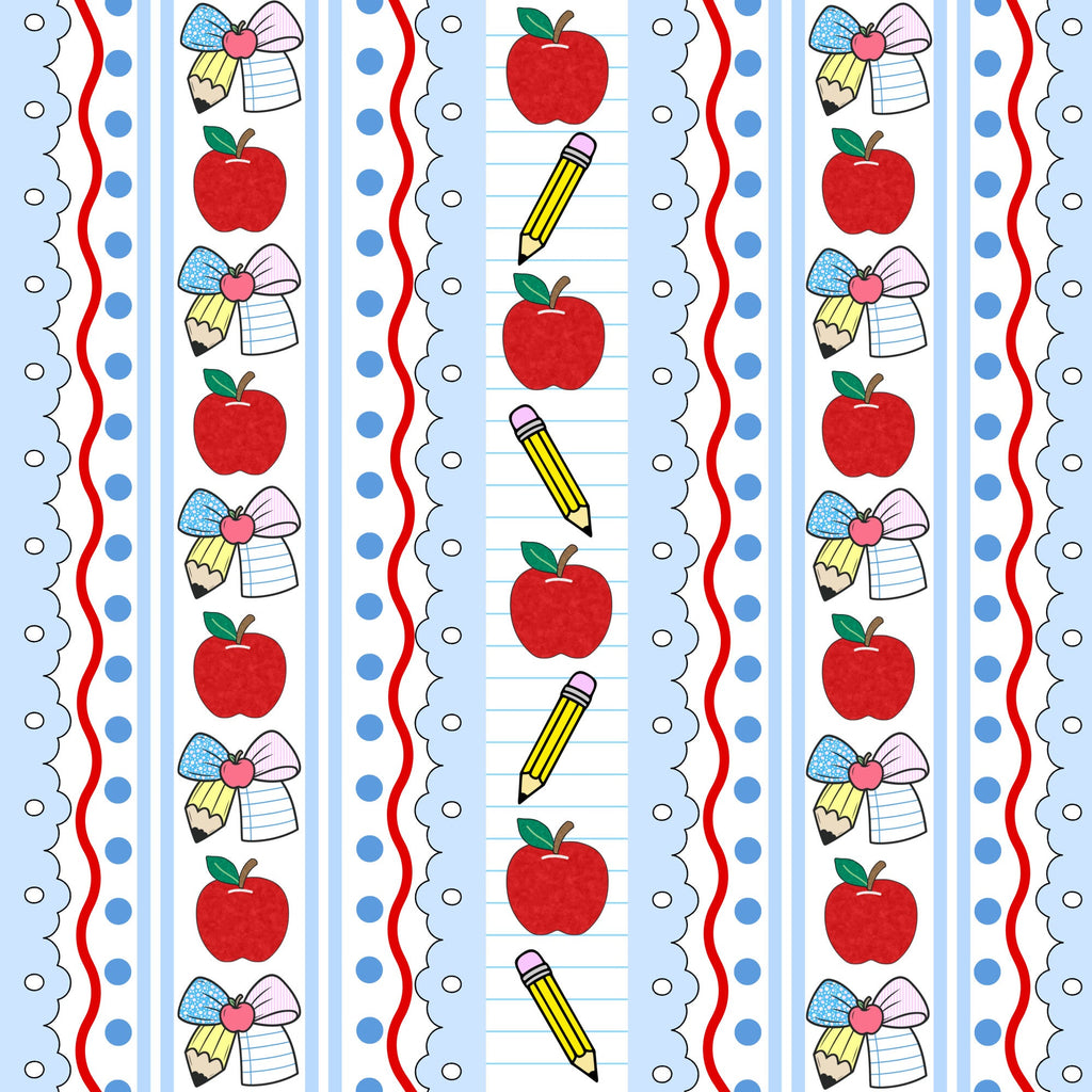 red apples, yellow pencils, ribbon bows, blue stripes, polka dots, school supplies, back to school, preppy style,, fabric panel, scalloped edges, white background, educational theme, cute illustrations, vertical stripes, children's fabric, sewing material, crafting fabric