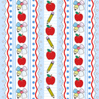 red apples, yellow pencils, ribbon bows, blue stripes, polka dots, school supplies, back to school, preppy style,, fabric panel, scalloped edges, white background, educational theme, cute illustrations, vertical stripes, children's fabric, sewing material, crafting fabric