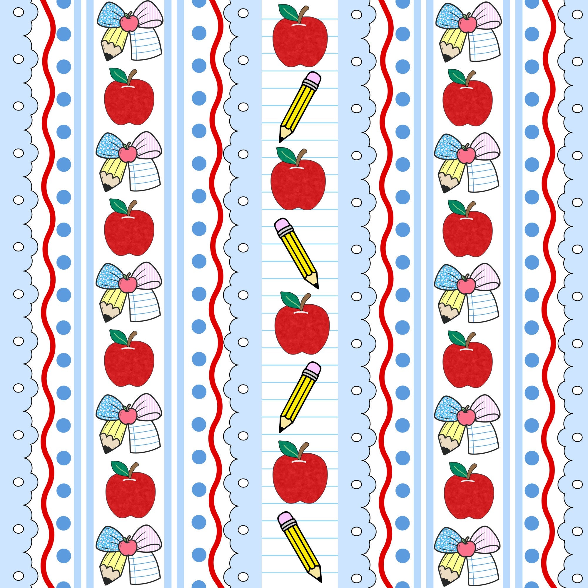 red apples, yellow pencils, ribbon bows, blue stripes, polka dots, school supplies, back to school, preppy style,, fabric panel, scalloped edges, white background, educational theme, cute illustrations, vertical stripes, children's fabric, sewing material, crafting fabric