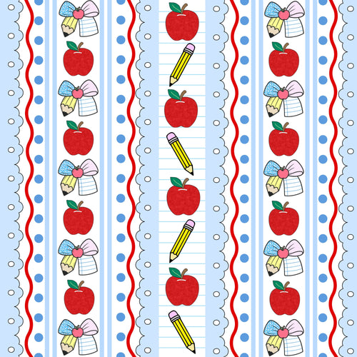 red apples, yellow pencils, ribbon bows, blue stripes, polka dots, school supplies, back to school, preppy style,, fabric panel, scalloped edges, white background, educational theme, cute illustrations, vertical stripes, children's fabric, sewing material, crafting fabric