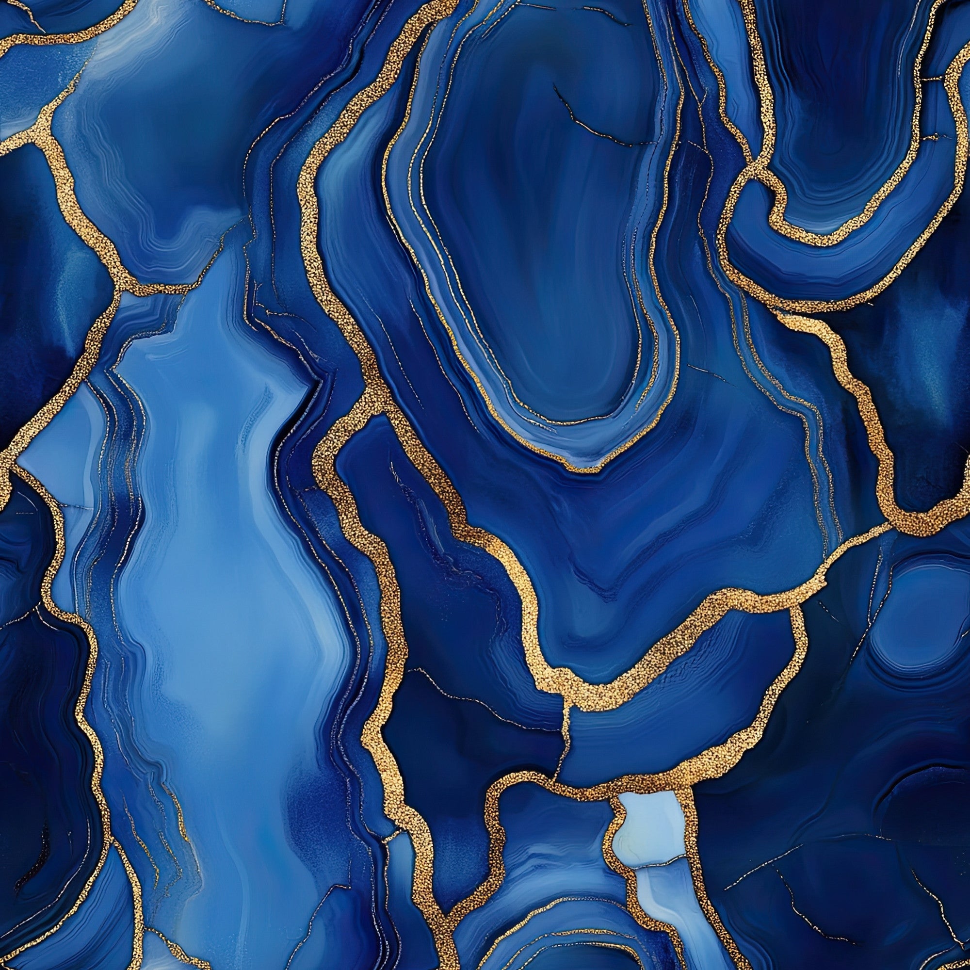 royal blue, gold, agate pattern, geode design, marbled texture, flowing lines, organic shapes, mineral formations, luxurious,, fabric panel, abstract design, swirling patterns, crystalline structures, deep blue, golden accents, natural stone, geological inspired, elegant, sophisticated