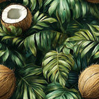forest green, emerald green, brown, beige, white, tropical leaves, coconut pattern, palm fronds, monstera leaves, jungle foliage, botanical design, tropical paradise, lush vegetation, nature motif,, fabric panel, exotic plants, rainforest theme, vibrant greens, coconut shells