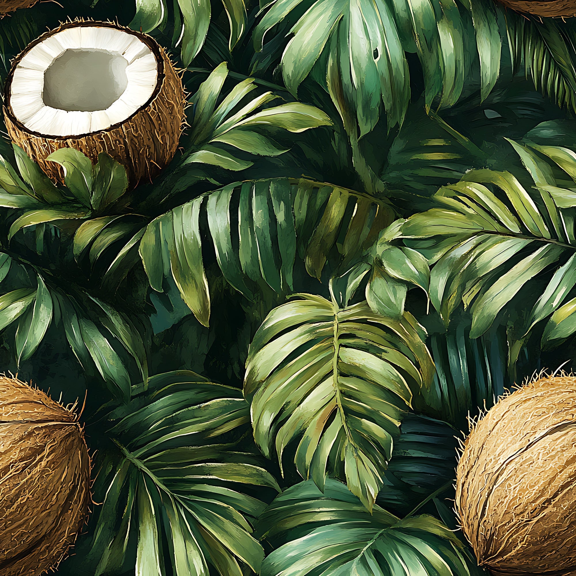 forest green, emerald green, brown, beige, white, tropical leaves, coconut pattern, palm fronds, monstera leaves, jungle foliage, botanical design, tropical paradise, lush vegetation, nature motif,, fabric panel, exotic plants, rainforest theme, vibrant greens, coconut shells