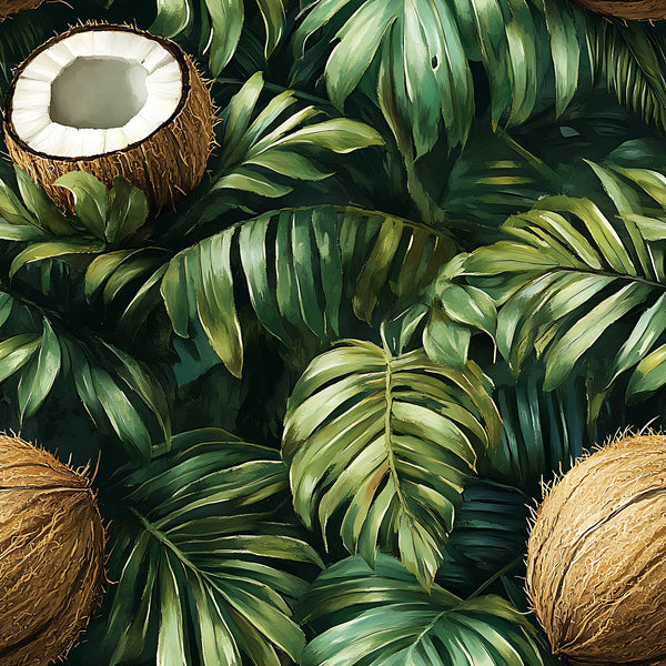 forest green, emerald green, brown, beige, white, tropical leaves, coconut pattern, palm fronds, monstera leaves, jungle foliage, botanical design, tropical paradise, lush vegetation, nature motif,, fabric panel, exotic plants, rainforest theme, vibrant greens, coconut shells