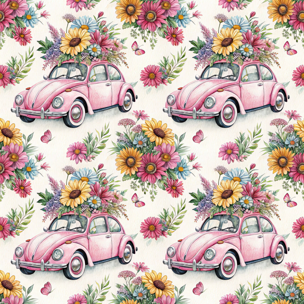 pink volkswagen beetle, vintage car, floral bouquet, wildflowers, daisy flowers, sunflowers, pink blooms, butterflies,, fabric panel, whimsical pattern, spring theme, pastel colors, yellow flowers, blue daisies, green foliage, repeating design, retro automobile, flower arrangement, botanical illustration