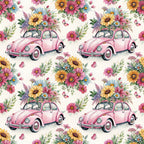 pink volkswagen beetle, vintage car, floral bouquet, wildflowers, daisy flowers, sunflowers, pink blooms, butterflies,, fabric panel, whimsical pattern, spring theme, pastel colors, yellow flowers, blue daisies, green foliage, repeating design, retro automobile, flower arrangement, botanical illustration