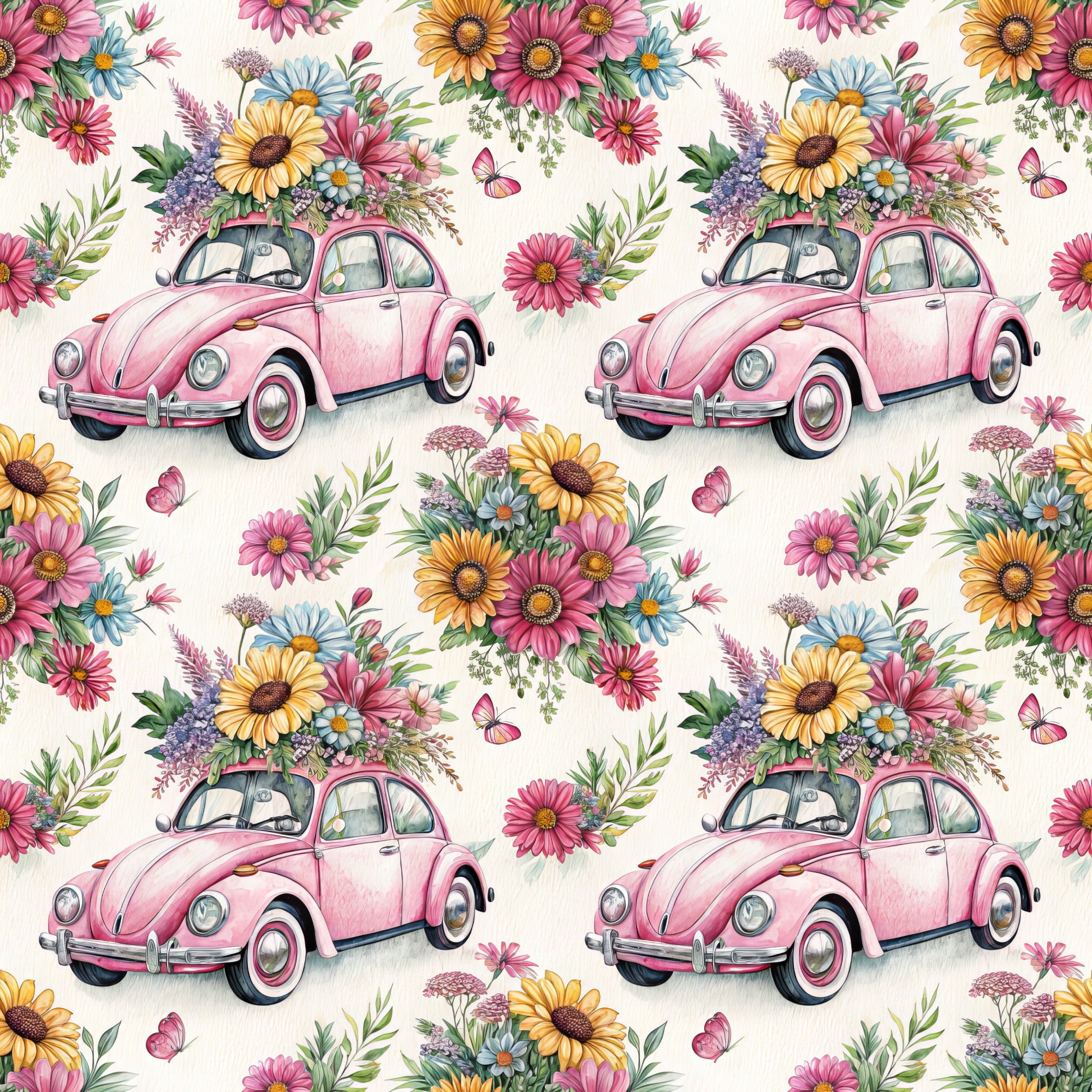 pink volkswagen beetle, vintage car, floral bouquet, wildflowers, daisy flowers, sunflowers, pink blooms, butterflies,, fabric panel, whimsical pattern, spring theme, pastel colors, yellow flowers, blue daisies, green foliage, repeating design, retro automobile, flower arrangement, botanical illustration