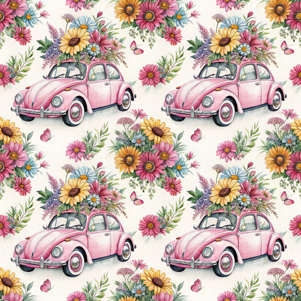 pink volkswagen beetle, vintage car, floral bouquet, wildflowers, daisy flowers, sunflowers, pink blooms, butterflies,, fabric panel, whimsical pattern, spring theme, pastel colors, yellow flowers, blue daisies, green foliage, repeating design, retro automobile, flower arrangement, botanical illustration