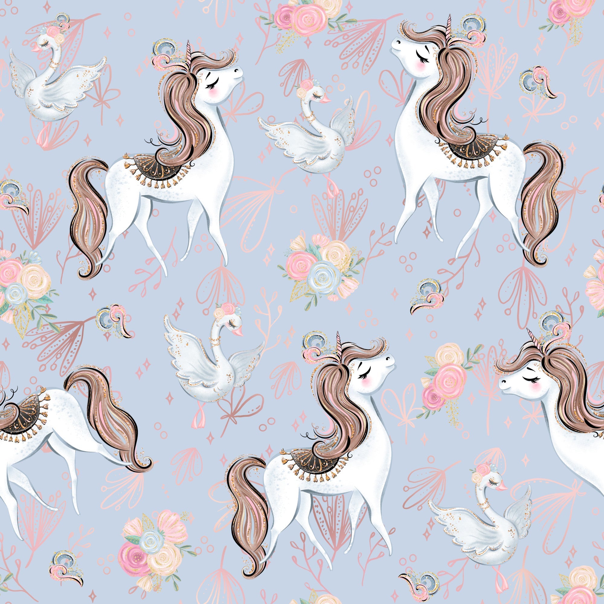 unicorns, swans, floral bouquets, lavender background, pink roses, brown manes, white unicorns, decorative saddles, whimsical pattern, pastel colors, magical creatures, ballet theme, soft purple, coral pink,, fabric panel, dreamy illustration, fantasy animals, flowing manes, delicate florals
