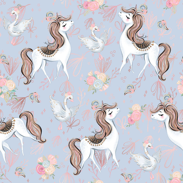 unicorns, swans, floral bouquets, lavender background, pink roses, brown manes, white unicorns, decorative saddles, whimsical pattern, pastel colors, magical creatures, ballet theme, soft purple, coral pink,, fabric panel, dreamy illustration, fantasy animals, flowing manes, delicate florals